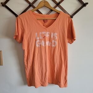 Life is Good Crusher Tee Short Sleeve V Neck Orange Pink Medium M Dog Graphic